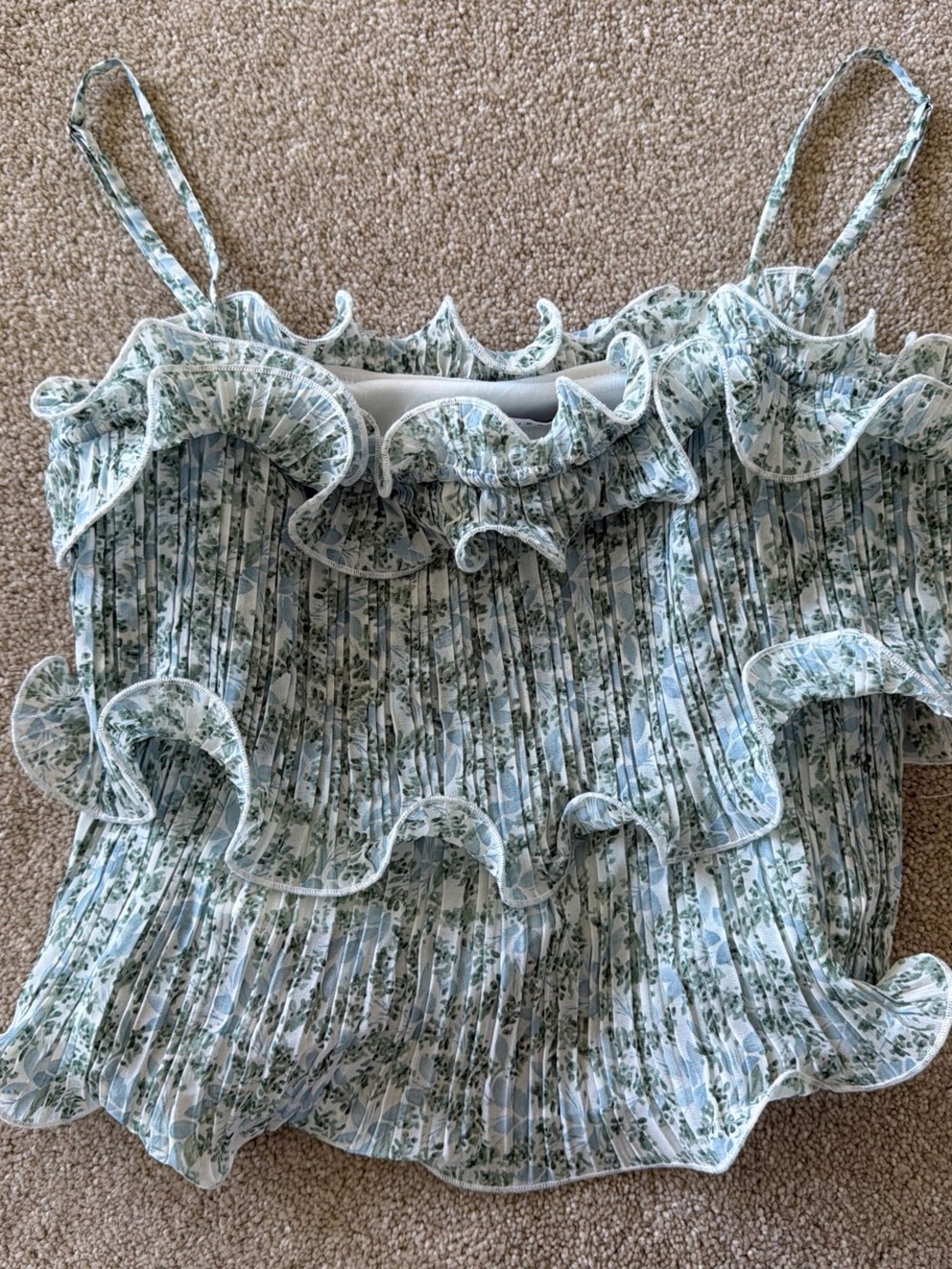 Ruffled Floral Spaghetti Strap Top in Light Blue and Green